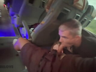 Blowjob from a stranger on the bus and a huge cumshot in a hotel