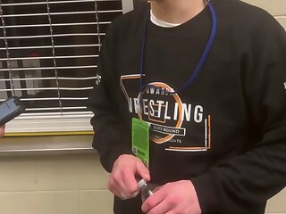 Watch this cute wrestler jock get interviewed after a wrestling match.