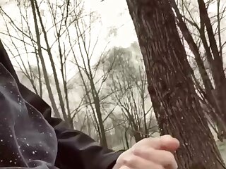 Uncut white guy jerks his cock in the woods and cums a big load